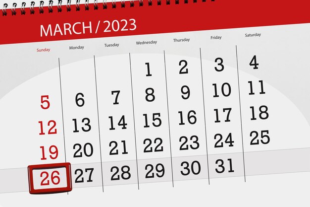 Prazo do calendário 2023 dia mês página organizador data março domingo número 26
