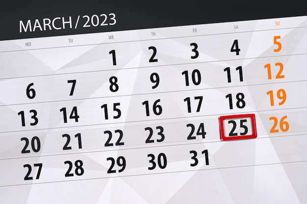 Prazo do calendário 2023 dia mês página organizador data março sábado número 25