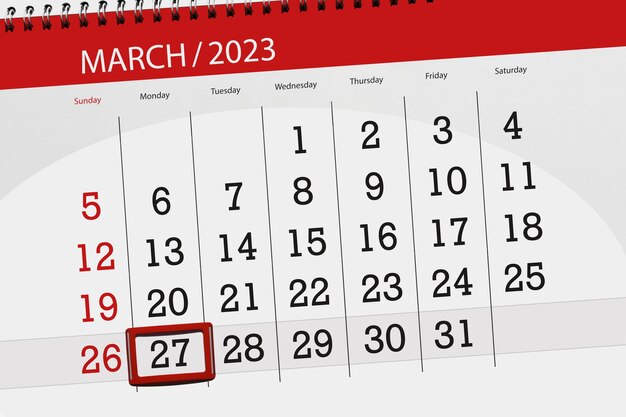 Prazo do calendário 2023 dia mês página organizador data março segunda-feira número 27