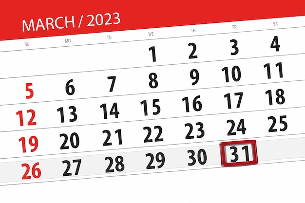 Prazo do calendário 2023 dia mês página organizador data março sexta feira número 31