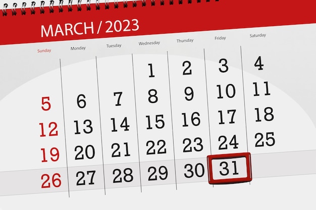 Prazo do calendário 2023 dia mês página organizador data março sexta feira número 31