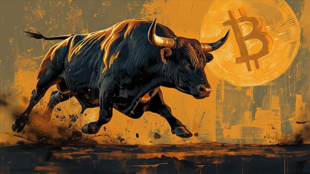 El precio de Bitcoin sube Ilustración de corrida de toro Tendencia del mercado en criptomonedas o acciones