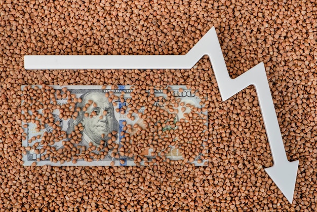 Precios del trigo sarraceno Crisis alimentaria mundial Mercado de derivados financieros Billete de cien dólares en trigo sarraceno y la flecha del gráfico apunta hacia abajo
