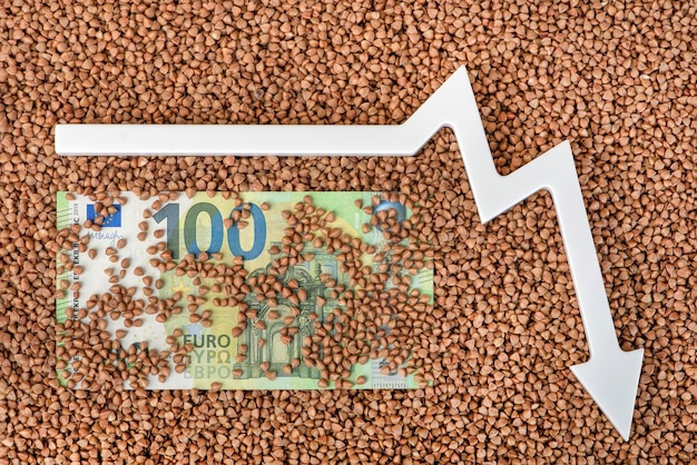 Precios del trigo sarraceno Crisis alimentaria mundial Mercado de derivados financieros Billete de cien euros en trigo sarraceno y la flecha del gráfico apunta hacia abajo