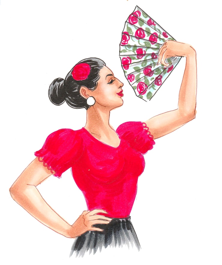 Foto preciosa bailaora flamenca. dibujo a tinta y acuarela