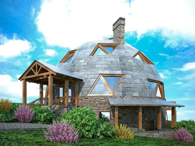 Preciosa casa domo del futuro. Diseño verde, innovación, arquitectura. Representación 3D.