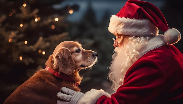 Preciosa imagen de Papá Noel acariciando a un perro con luces navideñas de fondo