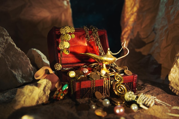 Preciosa lámpara mágica de oro y cofre del tesoro en la cueva
