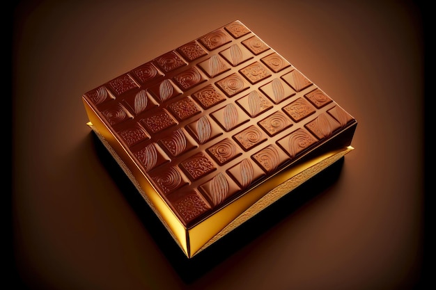 Preciosa pieza rectangular de chocolate en forma de tejas con baño dorado