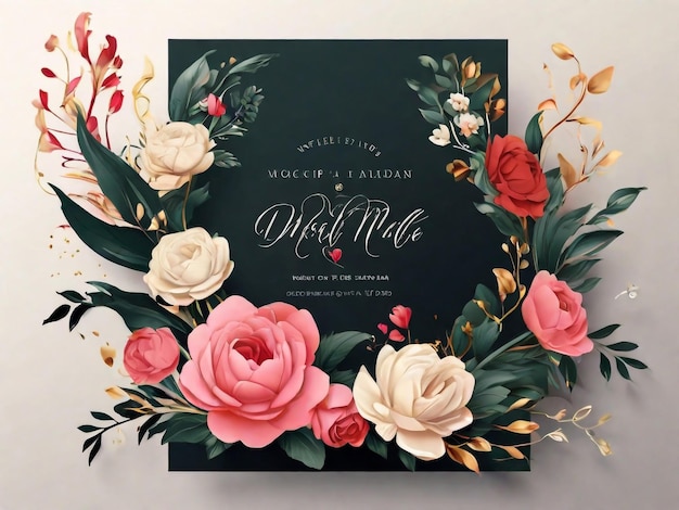 Preciosa plantilla de tarjeta de invitación de boda con flores y hojas