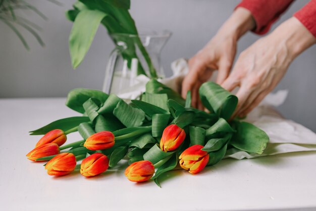 Preciosas tulipas vermelhas na mão de uma mulher uma florista europeia prepara um buquê de tulipas para um