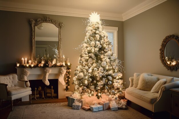 Precioso árbol de navidad tradicional rodeado de adornos y luces en la habitación blanca hokey