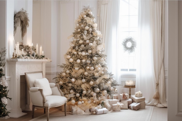 Precioso árbol de navidad tradicional rodeado de adornos y luces en la habitación blanca hokey