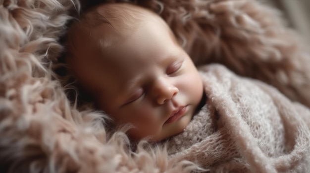 Precioso bebé recién nacido durmiendo en tela peluda