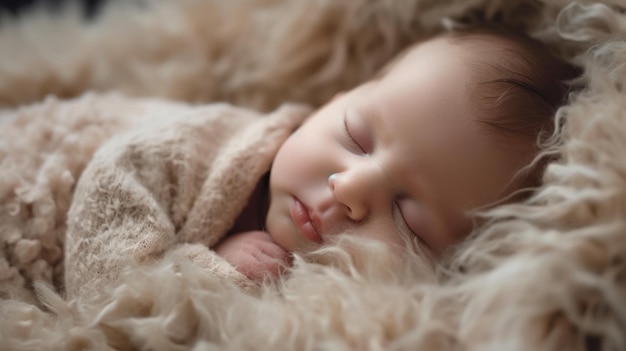 Precioso bebé recién nacido durmiendo en tela peluda