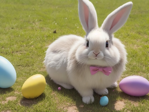 Precioso conejito conejo esponjoso de pascua comiendo hierba verde con una cesta llena de coloridos huevos de pascua