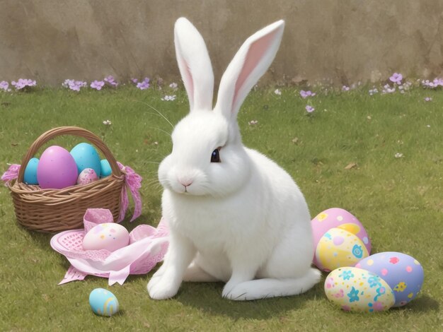 Precioso conejito conejo esponjoso de pascua comiendo hierba verde con una cesta llena de coloridos huevos de pascua