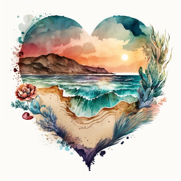 Precioso hermoso, Retro Beach Heart Clipart, con puesta de sol, acuarela