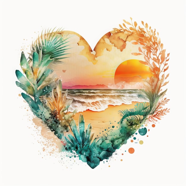 Precioso hermoso, Retro Beach Heart Clipart, con puesta de sol, acuarela