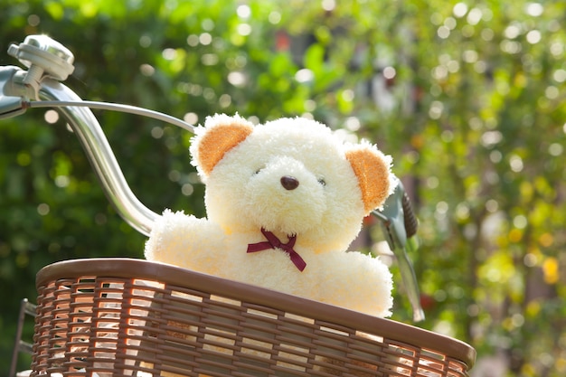 Precioso oso de peluche en bicicleta cesta. Por la mañana