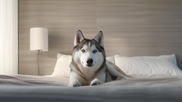 Precioso perro husky siberiano relájese acostado en la cama imagen Arte generado por IA