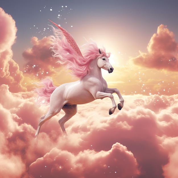 Precioso unicornio saltando sobre las nubes rosadas, efectos rosados alrededor.