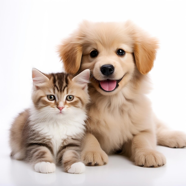 Foto precioso vínculo entre gatos y cachorros en blanco puro