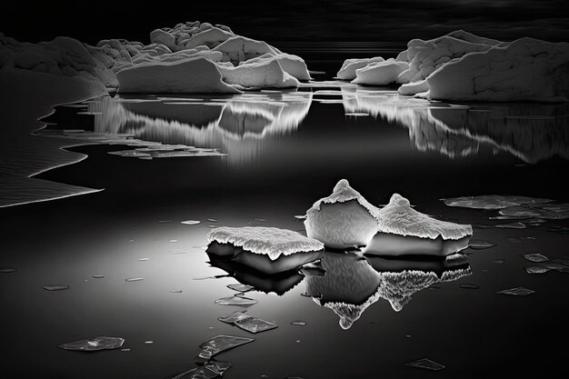 Preciosos témpanos de hielo en agua oscura capturados en blanco y negro