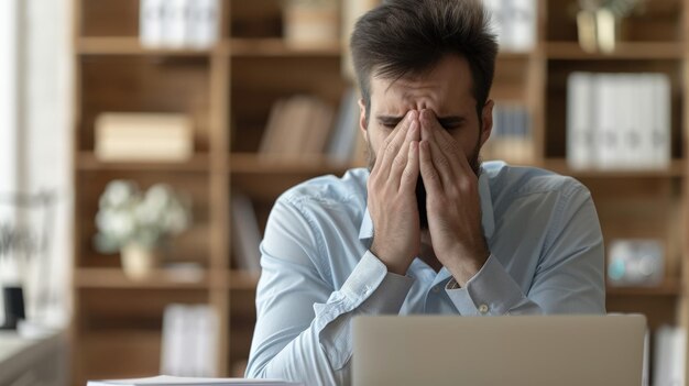 Precisa de descansar jovem sobrecarregado de trabalho gerente executivo fazer uma pausa no trabalho on-line fechar os olhos cansados esfregar a ponte do nariz