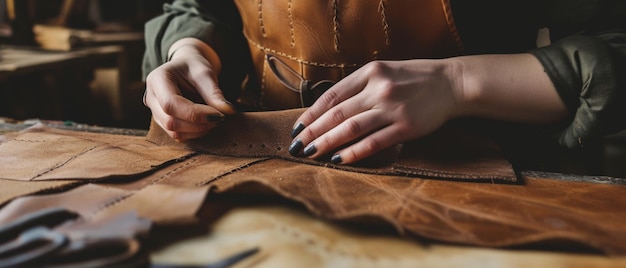 Foto precisão artesanal no trabalho mãos habilidosas artesão couro com cuidado mostrando a arte atemporal de couro