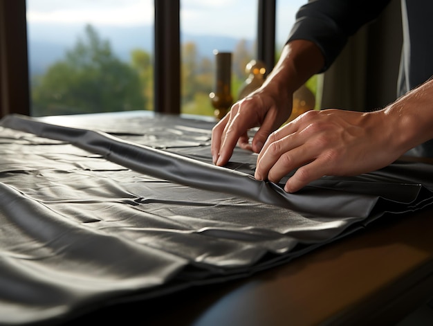 Foto precisión en la artesanía el tejido plegable a mano en la mesa fotografía de primer plano de alta calidad fotografía realista