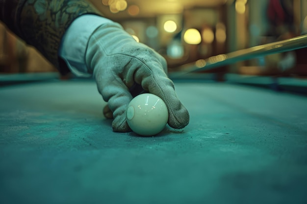 Foto precisión y enfoque de la mano con guante para posicionar la pelota en la mesa de billar