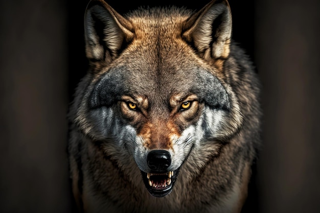 Predator, der sich darauf vorbereitet, den Wolfskopf auf schwarzem Hintergrund anzugreifen