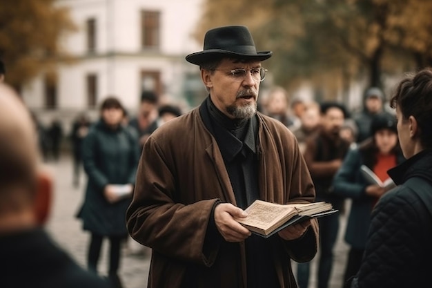 Un predicador en una calle de la ciudad con una Biblia abierta en sus manos predica el Evangelio a la gente Generación AI