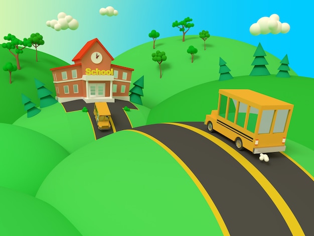 Prédio da escola e ônibus amarelo com verde verão bela paisagem