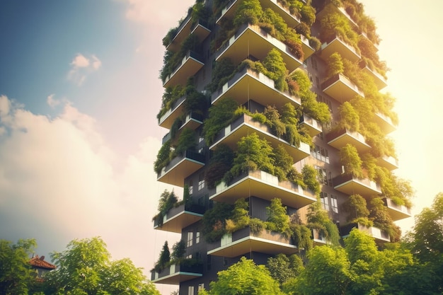 Prédio de apartamentos de floresta vertical de arranha-céu futurista verde com jardins em varandas Arquitetura sustentável moderna Ai generative