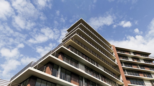 Prédio de apartamentos moderno em um dia ensolarado com um céu azul. Fachada de um prédio de apartamentos moderno.