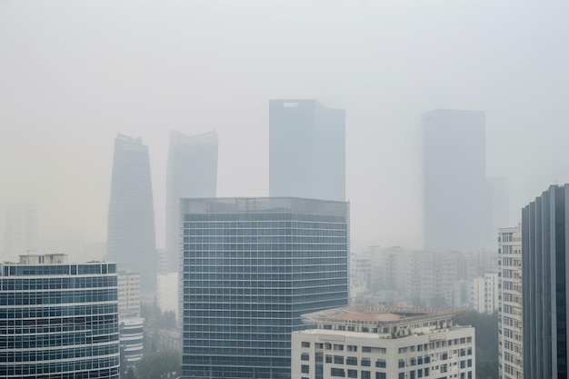 Prédio de escritórios alto com problemas de poluição e qualidade do ar visíveis no horizonte