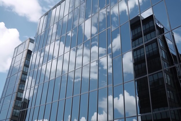 Prédio de escritórios de vidro moderno que reflete o céu azul