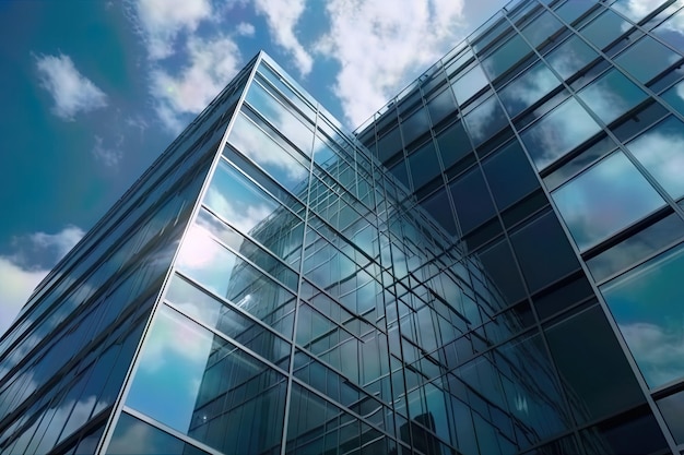 Prédio de escritórios de vidro moderno que reflete o céu azul