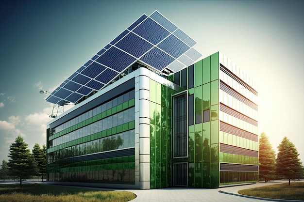 Prédio de escritórios verde com painéis solares e janelas energeticamente eficientes criadas com IA generativa