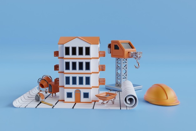 Prédio em processo de construção nas plantas. ilustração 3d da construção civil