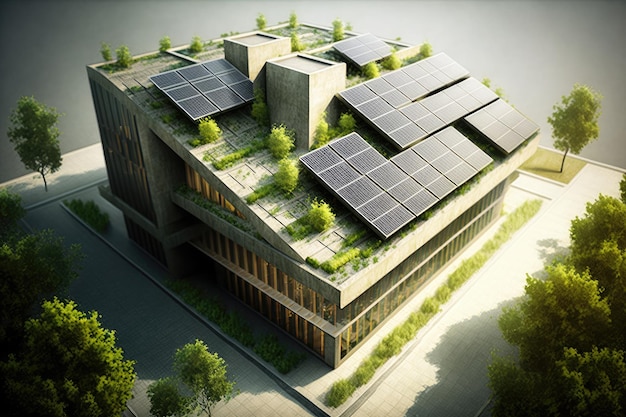 Prédio verde com jardim na cobertura e painéis solares criados com IA generativa