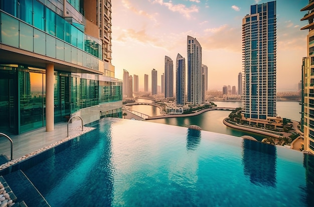 Prédios altos de arquitetura moderna com janelas panorâmicas e piscina