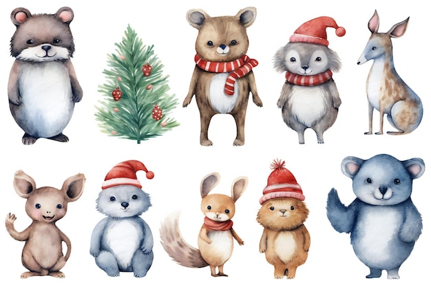 Prediseñadas de animales de Navidad acuarela sobre fondo blanco