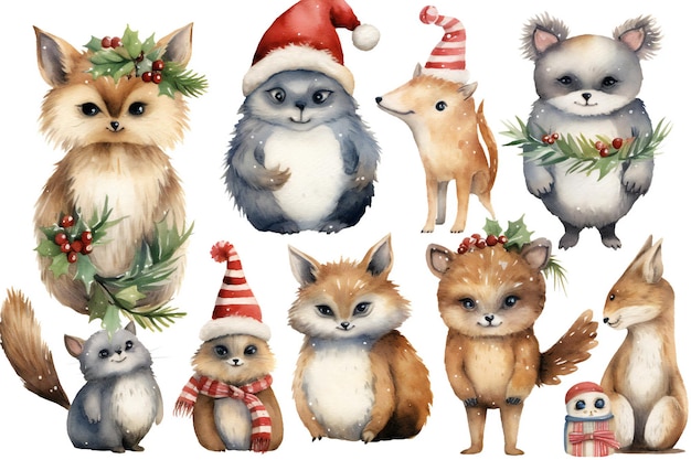 Prediseñadas de animales de Navidad acuarela sobre fondo blanco