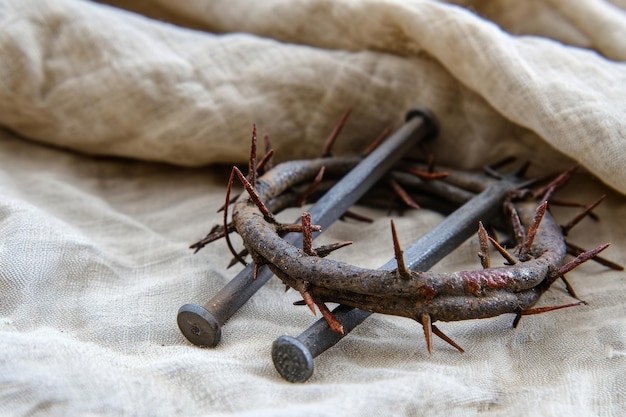 Pregos e coroa de espinhos de Jesus Cristo na folha sagrada