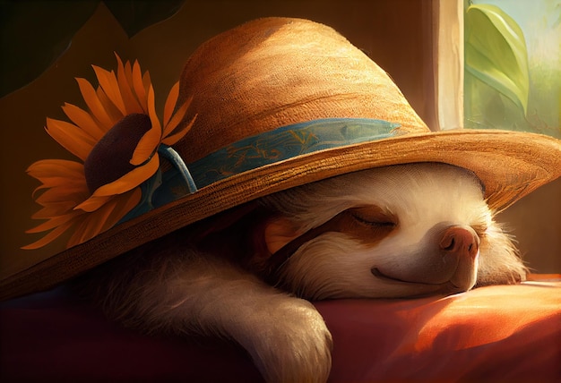 Preguiça adormecida com chapéu de sol Generative Ai