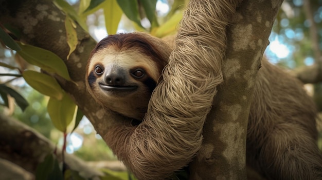 Foto preguiça bonita pendurada em um galho de árvore com cara engraçada preguiça em árvore floresta tropical da costa rica