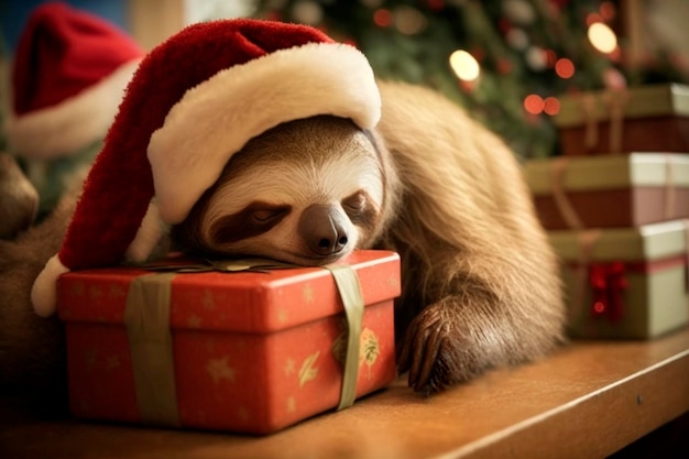 Preguiça cansada e exausta dorme com chapéu de papai noel entre presentes no natal